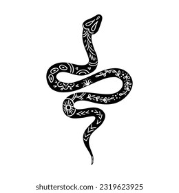 Celestial Snake Linocut Vector Icon. Mystic Floral Snake Silhouette Isolated on White Background. Boho and Magic Witchy Python Clipart, Occult Symbol Illustration. Black Gothic Art Print for T Shirt