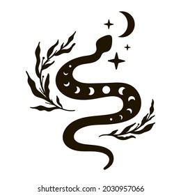 Celestial snake. Mystic animal, moon floral serpent, mystical moon, stars. Black and white vector illustration. 