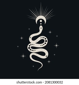 Celestial snake in the night sky with the moon and stars. Mystical and spiritual print for witchcraft. Vector illustration for design of t-shirts, fabrics, cards and posters.