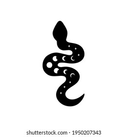 Celestial snake silhouette vector illustration. Mystical reptile with moon phases on white background. Hand-drawn esoteric concept. Boho modern poster, witch symbol, card, magical t shirt print.