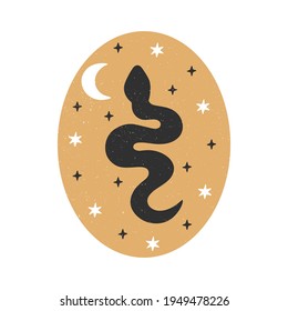 Celestial snake vector illustration. Mystical reptile on gold background. Hand-drawn esoteric concept with moon, stars. Boho modern poster with witch symbol, card, magical print.