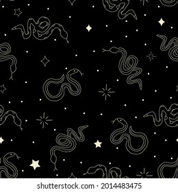 Celestial Snakes elongated, legless, carnivorous reptiles in gold colors on black background seamless pattern.