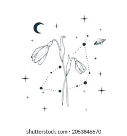 Celestial snowdrop. Vector illustration with geometrical and spiritual plant, stars and moon for wedding invitations and greeting cards.