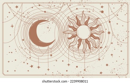 Celestial space background with sun and mysterious moon, banner for astrology, zodiac, tarot landing page. Hand drawn by line in natural colors, magical vector illustration.