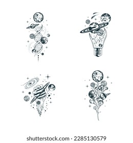 Celestial space compositions isolated set. Four hand drawn vector illustrations of mystical planets, galaxy, stars for poster, tattoo and greening card.