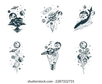 Celestial space compositions isolated set. Six hand drawn vector illustrations of mystical planets, galaxy, stars, whales and trees for poster, tattoo and greening card.