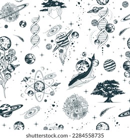 Celestial space compositions seamless pattern. Hand drawn vector illustration of mystical planets, stars, whales and trees for background, textile, texture and wrapping paper.