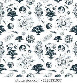 Celestial space compositions seamless pattern. Hand drawn vector illustration of mystical planets, stars and trees for background, textile, texture and wrapping paper.