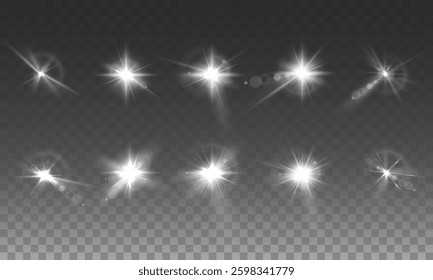 Celestial Sparkle Collection: A Set of Radiant White Starbursts Scattered Across the Darkness, Emitting a Magical Glow, Symbolizing Cosmic Brilliance, Purity, and the Endless Beauty of Twinkling