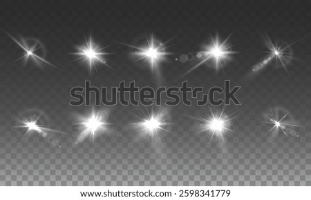 Celestial Sparkle Collection: A Set of Radiant White Starbursts Scattered Across the Darkness, Emitting a Magical Glow, Symbolizing Cosmic Brilliance, Purity, and the Endless Beauty of Twinkling