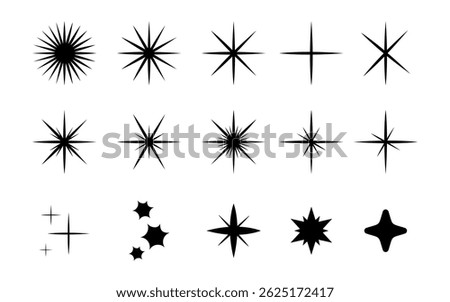 Celestial Sparkle: A collection of shining star illustrations, ranging from simple cross shapes to multifaceted bursts of light, embodying concepts like illumination, joy, and dreams.