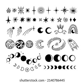 Celestial or Spase objects - stars, planets, comet, moon phases magical symbols, galaxy and starburst hand drawn isolated clip arts on white, black and white vector