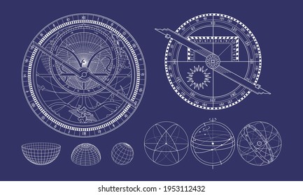 Die Himmelskugel in der Isometrie. Astrolabium und Quadranten. Astronomie und Mathematik.