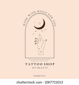 Celestial spiritual alchemy esoteric mystical magic talisman with woman hand, moon, stars sacred geometry tattoo logo template occultism object. Vector illustration line art black outline style