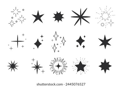 Celestial star blink doodle, contour set sparkle fireworks, holiday party explosion isolated on white background. Golden magic celestial starburst