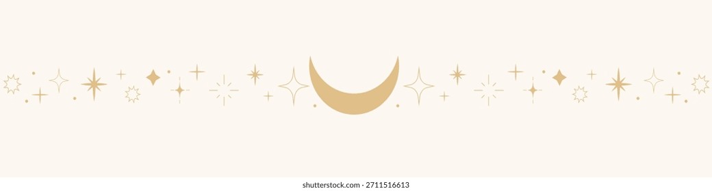 Borda de estrela celestial, divisor de brilho de linha dourada, ornamento elegante simples. Elementos espaciais brilhantes festivos. Separador mágico, decoração espiritual.