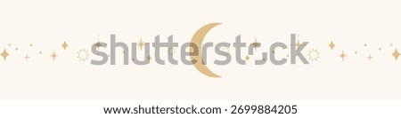 Celestial star border, golden line sparkle divider, simple elegant ornament. Festive shiny space elements. Magic separator, spiritual decoration.