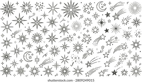 Celestial star icons set, hand drawn sparkle and twinkle starburst collection, black line art astronomy and magic vector elements