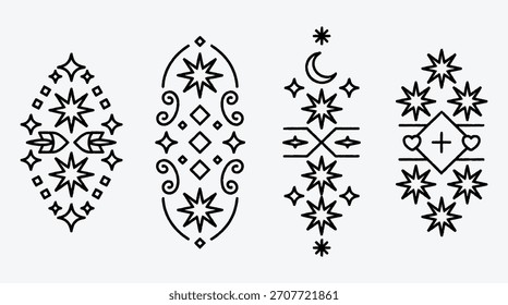 Celestial Star and Moon Geometric Decorative Ornaments with Curlicues and Lines