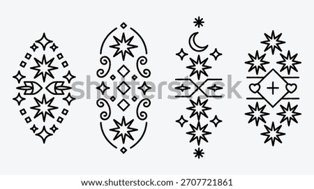 Celestial Star and Moon Geometric Decorative Ornaments with Curlicues and Lines