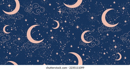 Celestial star seamless pattern with moon and constellation, boho background for taro, astrology, zodiac signs, cosmic vector illustration.