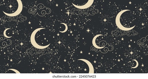 Celestial star seamless pattern with moon and constellation, boho background for tarot, astrology, zodiac signs on black night sky, cosmic vector illustration.