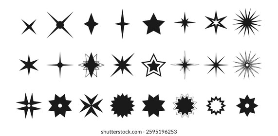 Celestial star symbols and sparkles in various shapes. Space design elements. Vector illustration
