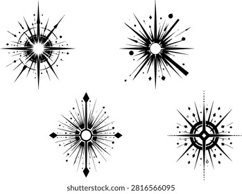 Celestial starburst symbols and magic constellation icons in vector tattoo design illustration format