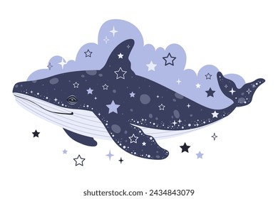 Celestial starry blue whale, dreaming with whale. Vector monochrome illustration, tattoo idea for children in flat style