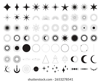 Estrelas celestiais, fases lunares, explosões de sol, fogos de artifício, brilhos brilhantes e efeitos de luz abstratos - ícones vetoriais e elementos decorativos para celebração, magia, feriado ou projeto astrológico