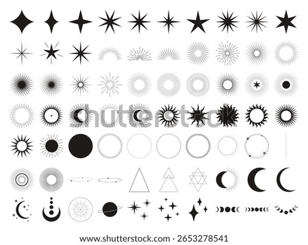 Celestial stars, moon phases, sunbursts, fireworks, glowing sparkles and abstract light effects – vector icons and decorative elements for celebration, magic, holiday or astrological design
