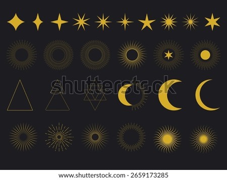 Celestial stars, moon phases, sunbursts, fireworks, glowing sparkles and abstract light effects – vector icons and decorative elements for celebration, magic, holiday or astrological design