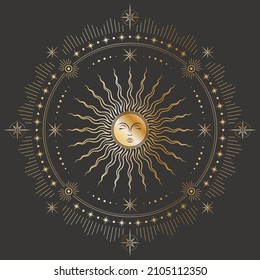 Celestial sticker with golden sun with a sleeping face, beams, different stars and concentric circles. Sketch tattoo in boho style on a black. Round label with occult symbol. Mystical background