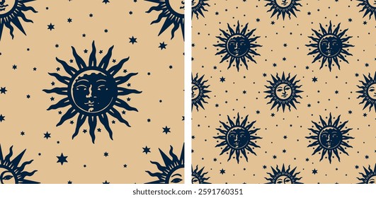 Celestial Sun Astrology Occult Boho Blue and Golden Yellow Seamless Pattern Vector Illustration