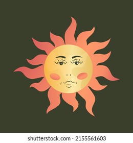 Celestial sun boho vintage style in astrology. Sun with face and rays isolated. Esoteric occult symbol for tarot. Vector illustration