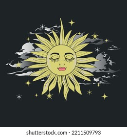 CELESTIAL SUN WITH CLOUDS FOR T-SHIRT PRINT