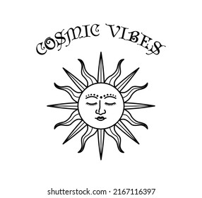 Celestial Sun with Cosmic Vibes Slogan, Vector Design for Fashion and Poster Prints, Sticker, Bag, Mug, Textile, Phone Case, Tattoo Design, Mystic