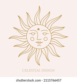 Celestial Sun with Face hand drawn illustration. Moon Boho Astrology Mystical icon. Vector Sketch vintage style drawing. Astrology and witchcraft symbol.