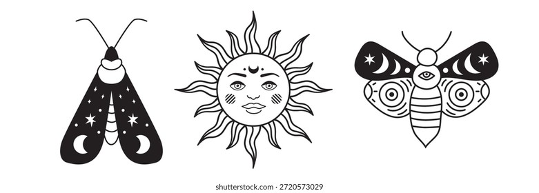 Celestial sun face and mystic moth illustration set. Vintage vector graphic featuring boho line art, magical symbols, and witchy astrology elements.