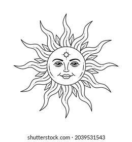 Celestial sun with face and opened eyes, stylized drawing, tarot card. Mystical element for design, logo, tattoo. Vector bohemian illustration isolated on white background.