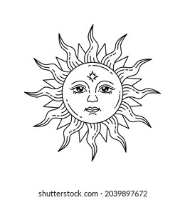 Celestial sun with face and opened eyes, stylized drawing, tarot card. Mystical element for design, logo, tattoo. Vector bohemian illustration isolated on white background. 