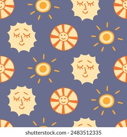 Celestial Sun Faces Cute Fun Astrology Seamless pattern. Mystical hand drawn background illustration. Vector Sketch vintage style drawing.