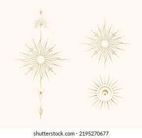 Celestial sun golden collection. Isolated set of 3 esoteric objects. Hand drawn vector illustration in boho style for mystical design, tarot cards and stickers.