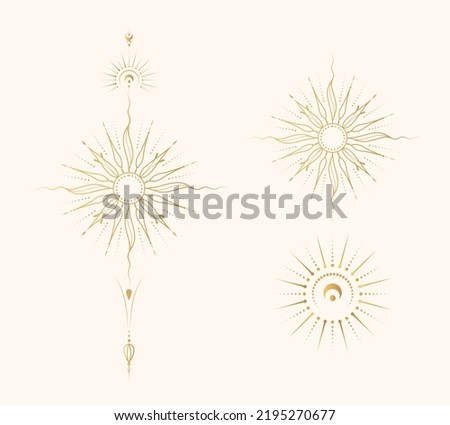 Celestial sun golden collection. Isolated set of 3 esoteric objects. Hand drawn vector illustration in boho style for mystical design, tarot cards and stickers.
