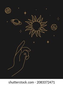 celestial sun hand and planets.