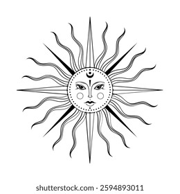 Celestial sun illustration with intricate patterns and a serene face reflecting harmony and light