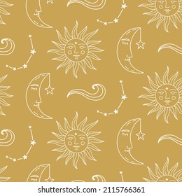 Celestial Sun Moon Astrology Seamless pattern. Mystical hand drawn illustration. Vector Sketch vintage style drawing. Astrology and witchcraft symbols.