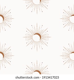 Celestial Sun And Moon Beige Seamless Pattern. Background For Paper Wrap, Textile, Package And Print Vector Design.