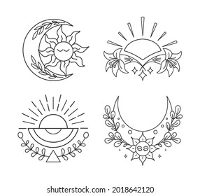 Celestial sun and moon. Boho signs set. Outline drawing. Vector illustration