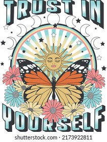 CELESTIAL SUN, MOON, BUTTERFLY, DAISY PRINT T-SHIRT GRAPHICS DESIGN